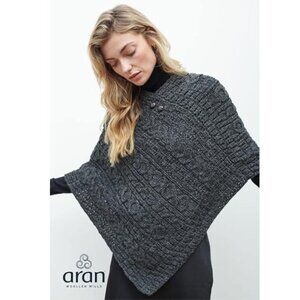 Aran Woman's Cable Knit Poncho Merino Wool Charcoal Chunky Knit Button Detail